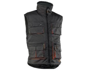 Chaleco multibolsillo poliester oxford/PU. Forro polar 3/4 Negro con naranja